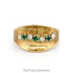Alternating Emerald & Diamond Band with Wavy Concaved Design in 14k Yellow Gold
