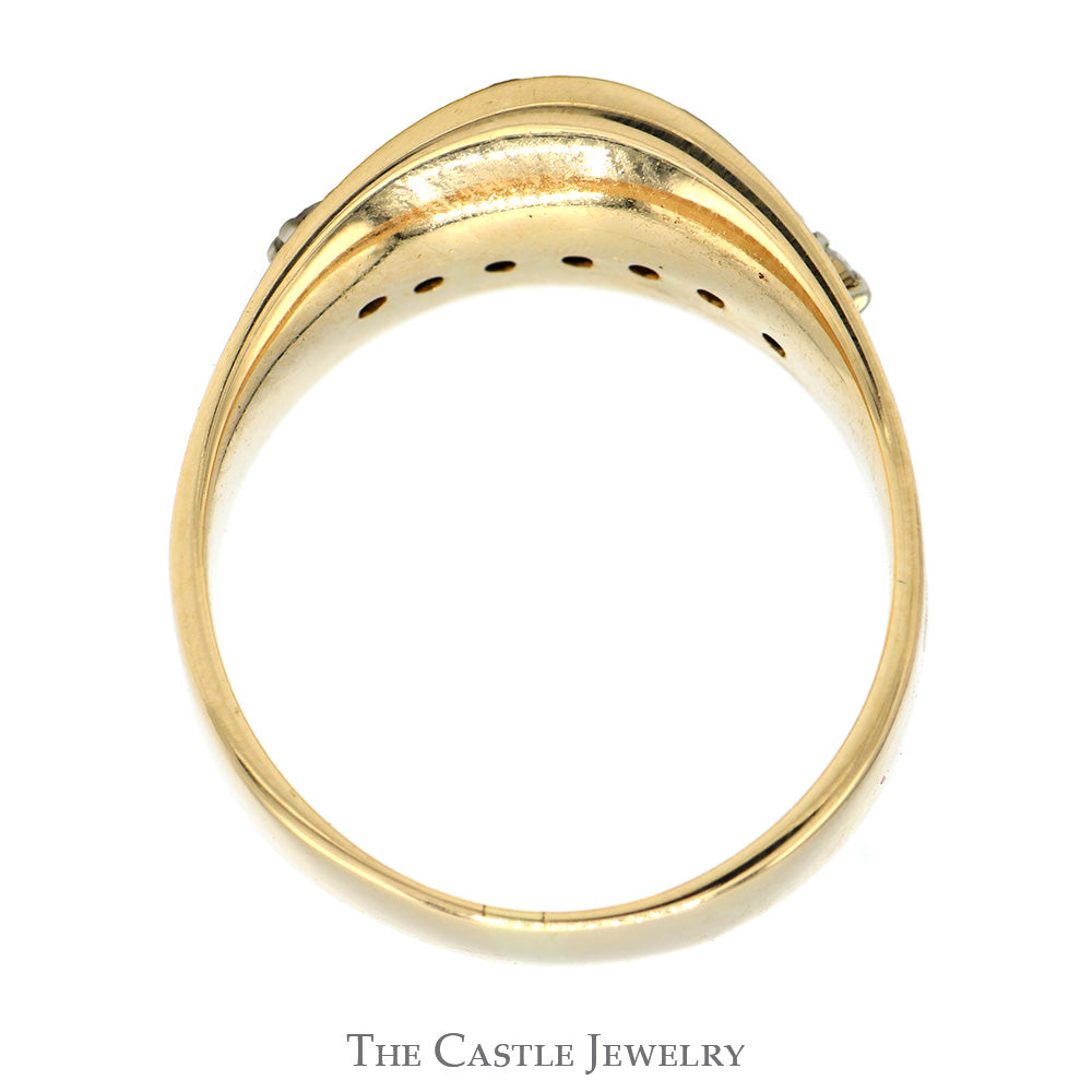 Alternating Emerald & Diamond Band with Wavy Concaved Design in 14k Yellow Gold