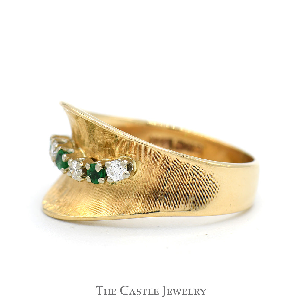 Alternating Emerald & Diamond Band with Wavy Concaved Design in 14k Yellow Gold