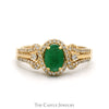 Oval Cut Emerald Ring with Diamond Halo and Accented Split Sides in 10k Yellow Gold - Thumbnail 1