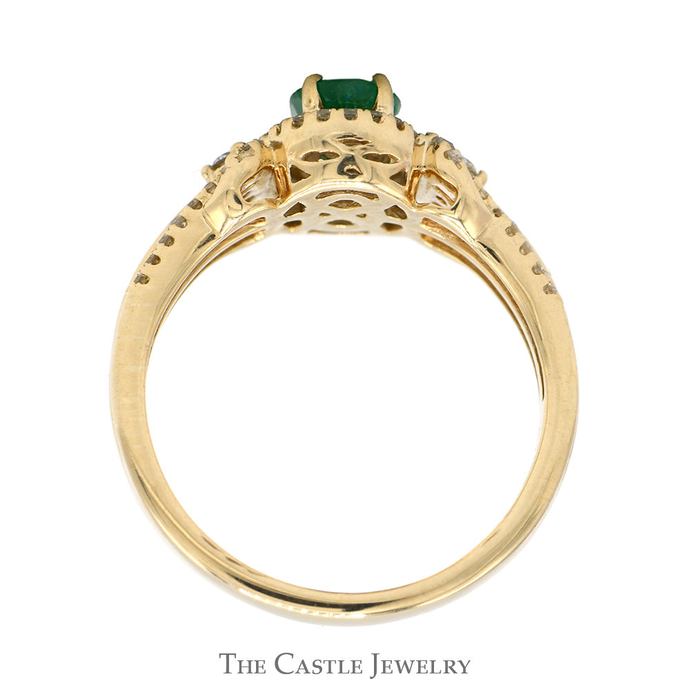Oval Cut Emerald Ring with Diamond Halo and Accented Split Sides in 10k Yellow Gold