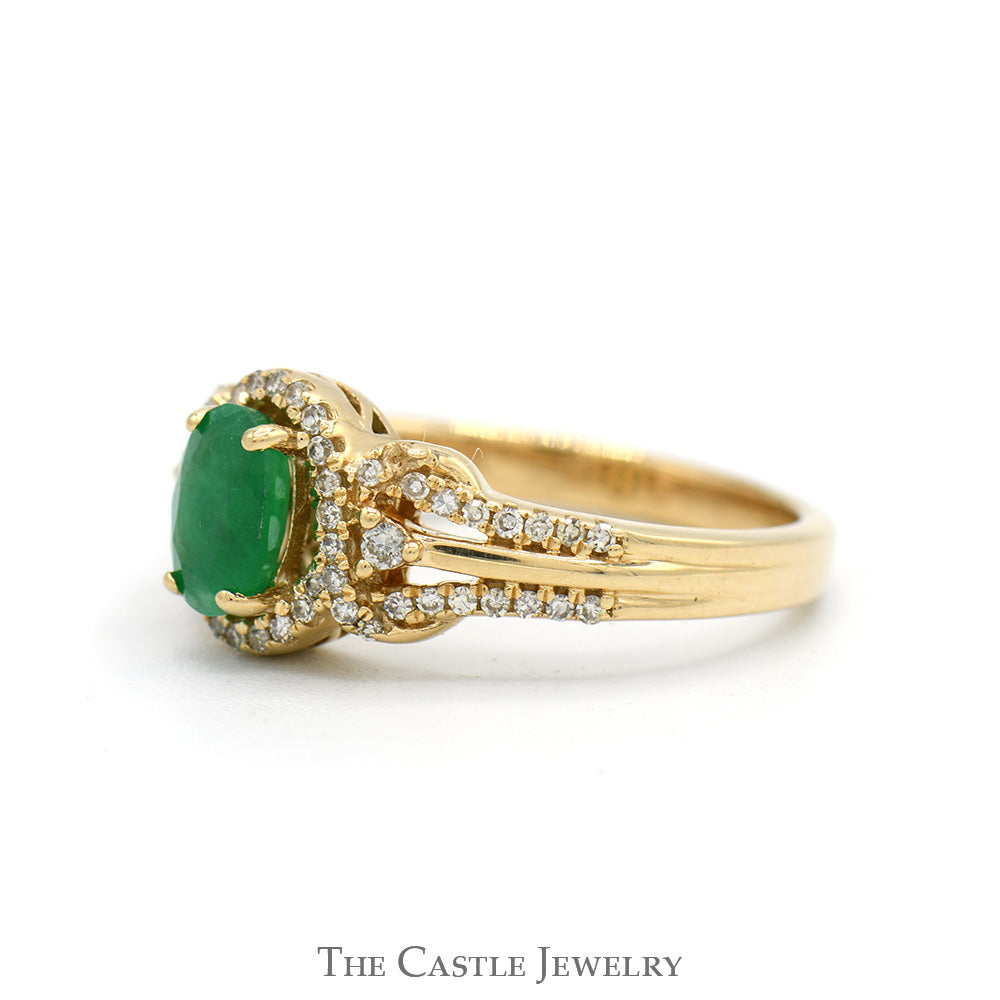 Oval Cut Emerald Ring with Diamond Halo and Accented Split Sides in 10k Yellow Gold