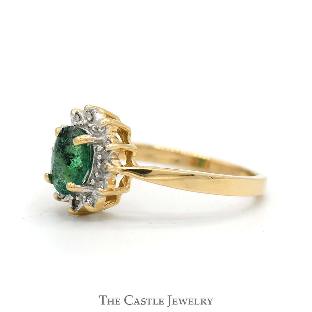 Oval Cut Emerald Ring with Diamond Halo in 14k Yellow Gold