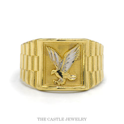 Men's Eagle Ring with Jubilee Link Designed Sides in 14k Yellow Gold