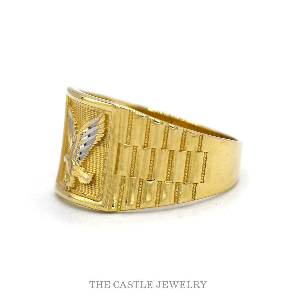 Men's Eagle Ring with Jubilee Link Designed Sides in 14k Yellow Gold