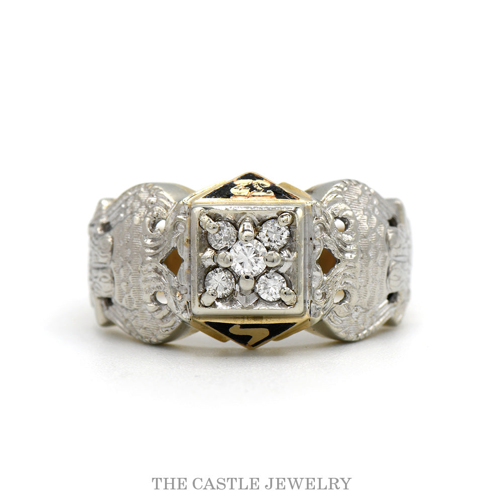 Diamond Cluster Masonic Ring with Double Eagle Sides in 10k White & Yellow Gold