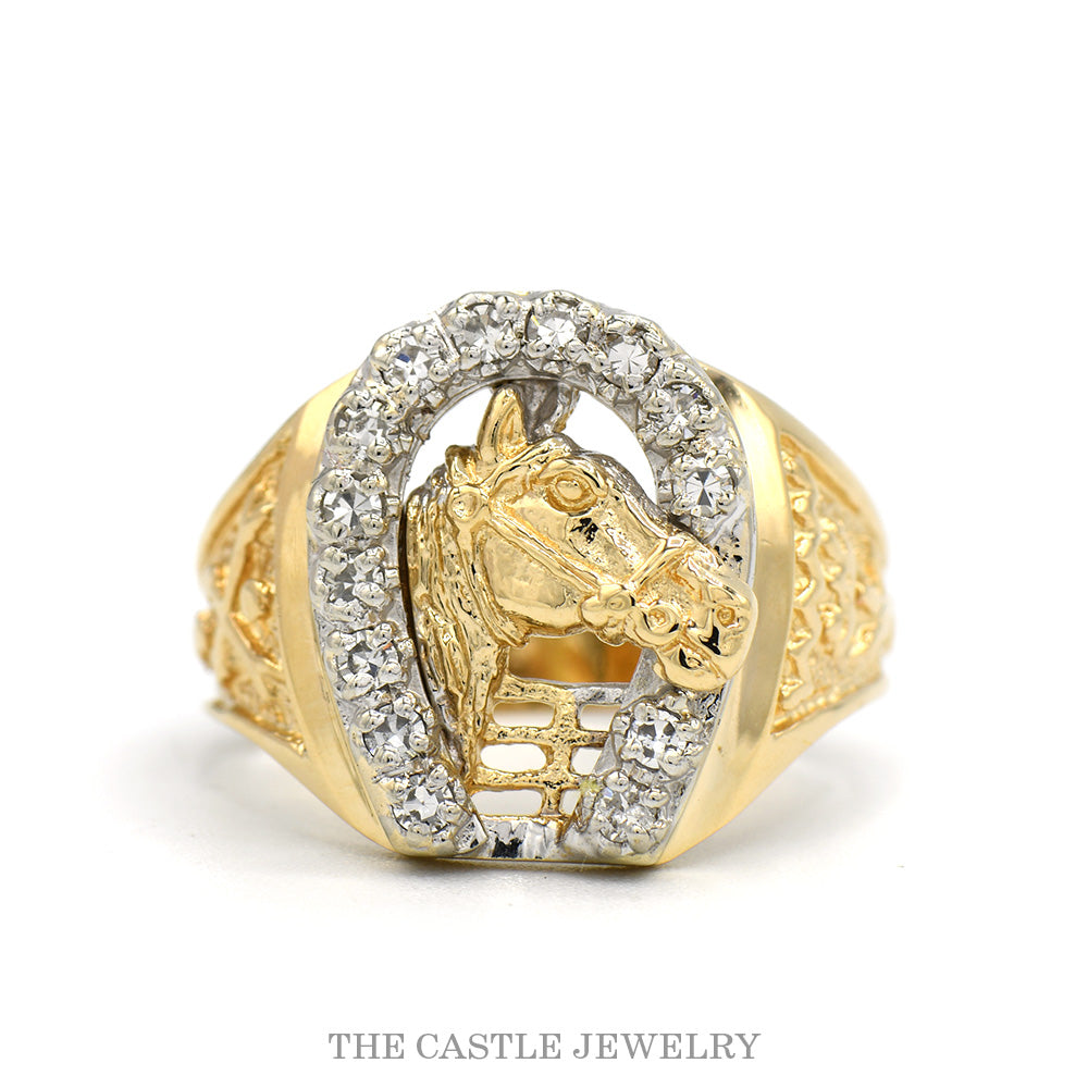 Diamond Accented Horseshoe with Horse Head Ring in 14k Yellow Gold