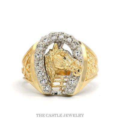 Diamond Accented Horseshoe with Horse Head Ring in 14k Yellow Gold