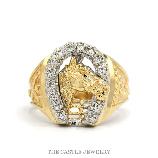 Diamond Accented Horseshoe with Horse Head Ring in 14k Yellow Gold