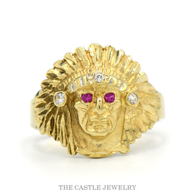14k yellow gold men's Indian chief head ring — top view