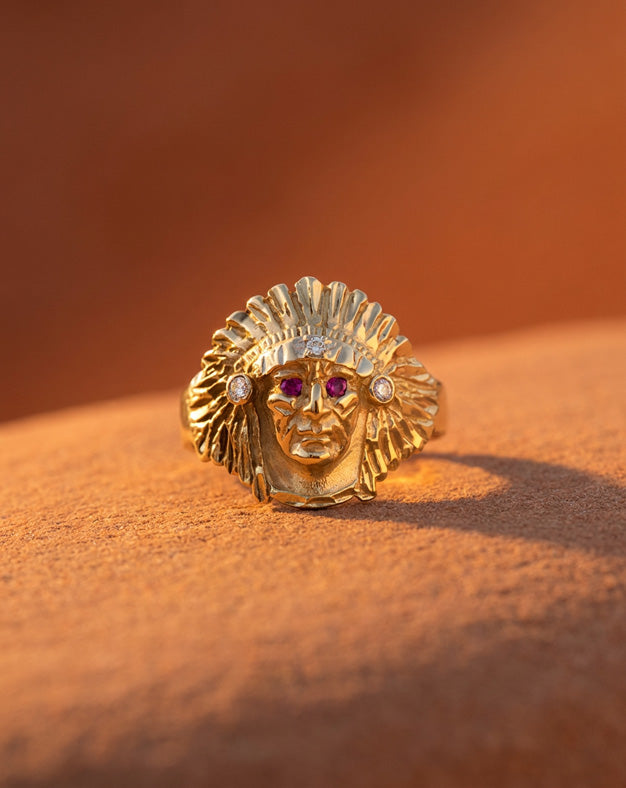 Men's Indian Chief Head Ring with Synthetic Ruby Eyes and CZ Accents in 14k Yellow Gold