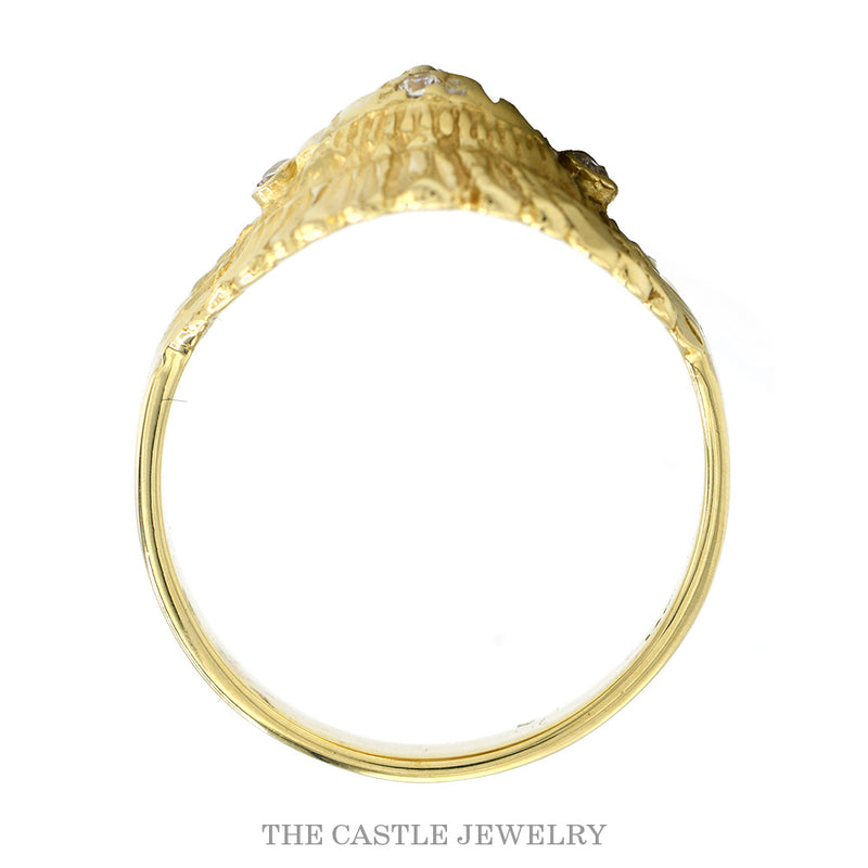 Front-facing view of the 14k yellow gold chief head ring with ruby eyes