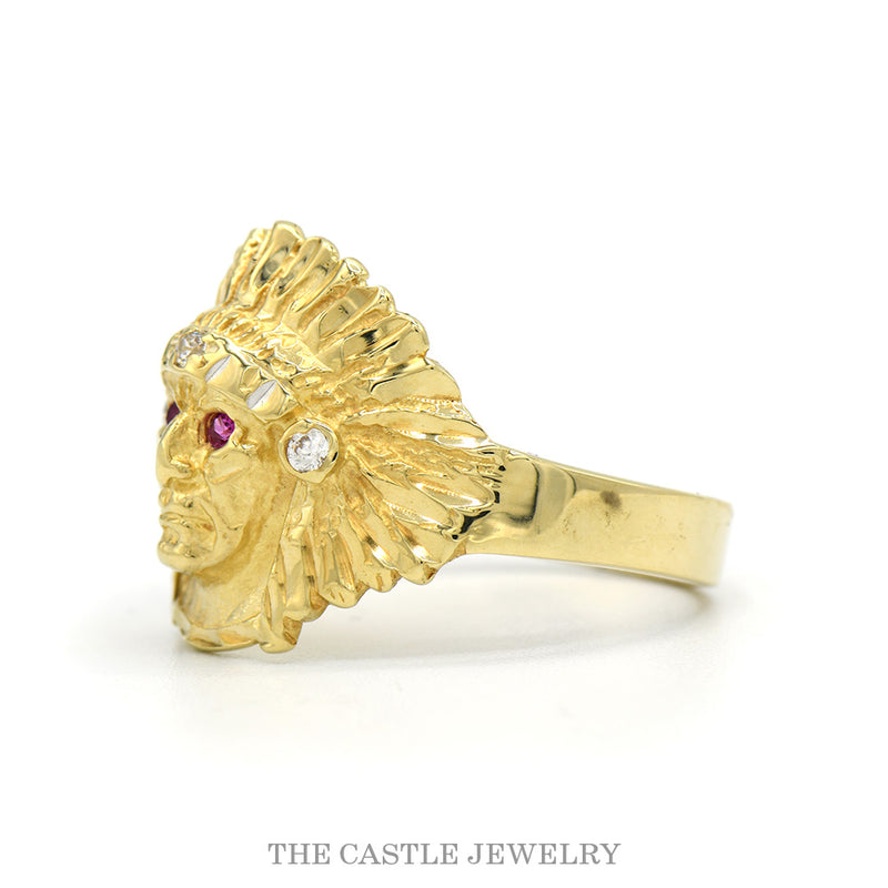 Side profile of the 14k yellow gold Indian chief ring showing headdress detail