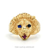 Men's Lion Head Ring with Sapphire Eyes and Ruby Mouth in 10k Yellow Gold