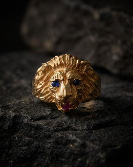 Men's Lion Head Ring with Sapphire Eyes and Ruby Mouth in 10k Yellow Gold