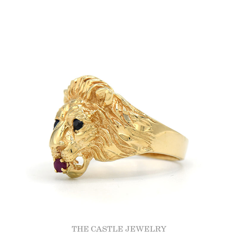 Side profile of the 10k yellow gold lion head ring showing mane relief