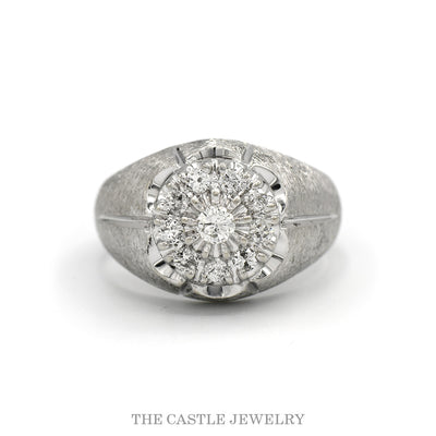 Men's 1/2cttw 9 diamond cluster ring with brushed dome sides in 14k white gold — top view