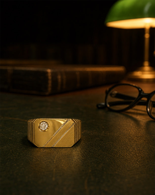 Men's .12ct Diamond Ring with Brushed Diagonal Stripes in 14k Yellow Gold