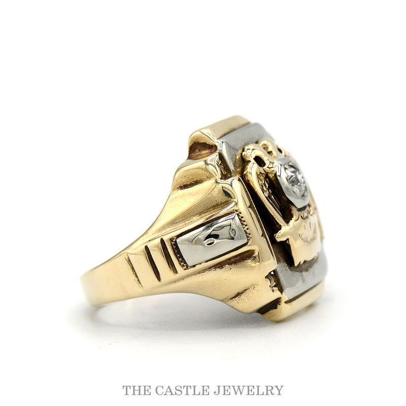 Front-facing view of the 10k two-tone Scottish Rite ring