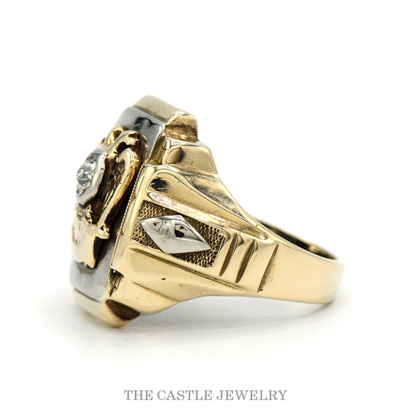 Side profile of the 10k two-tone Masonic eagle ring showing fraternal panels