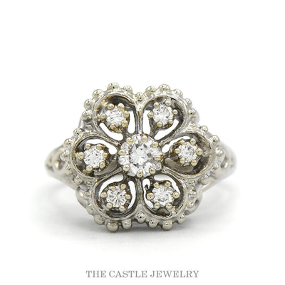 14k white gold diamond flower cluster ring — top view