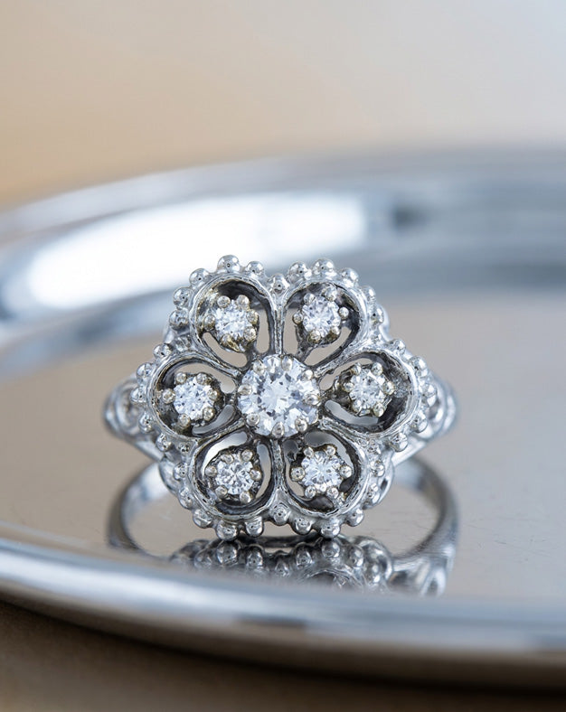 0.38ctw Diamond Flower Cluster Ring with Open-Design Sides in 14k White Gold