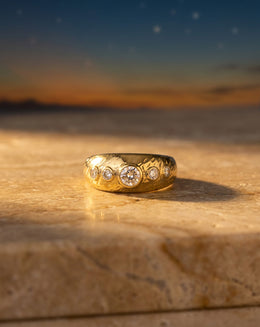 0.75cttw Five Diamond Bezel Set Dome Ring with Hammered Texture in 14k Yellow Gold