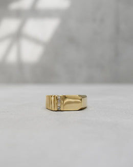 Men's Signet Ring with Diamond Channel and Ridged Design Side in 10k Yellow Gold