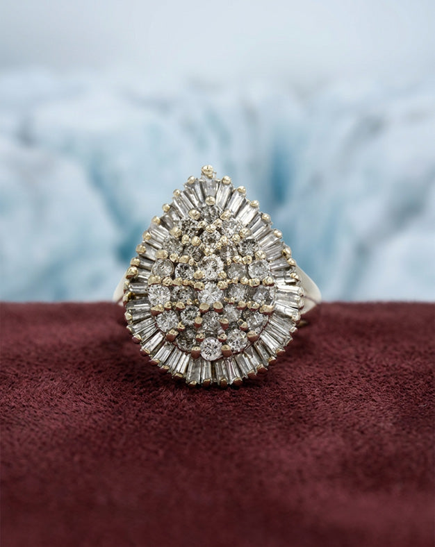 2cttw Round & Baguette Diamond Pear Shaped Ballerina Ring in 14k White Gold