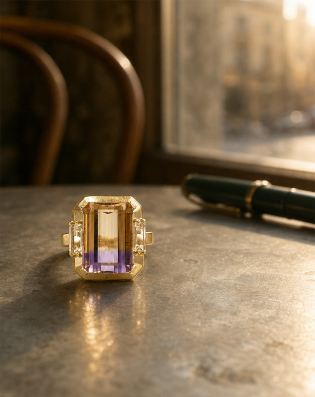 Emerald Cut Ametrine Ring with Baguette Cubic Zirconia Sides in 14k Yellow Gold