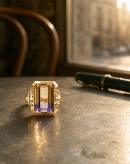 Emerald Cut Ametrine Ring with Baguette Cubic Zirconia Sides in 14k Yellow Gold