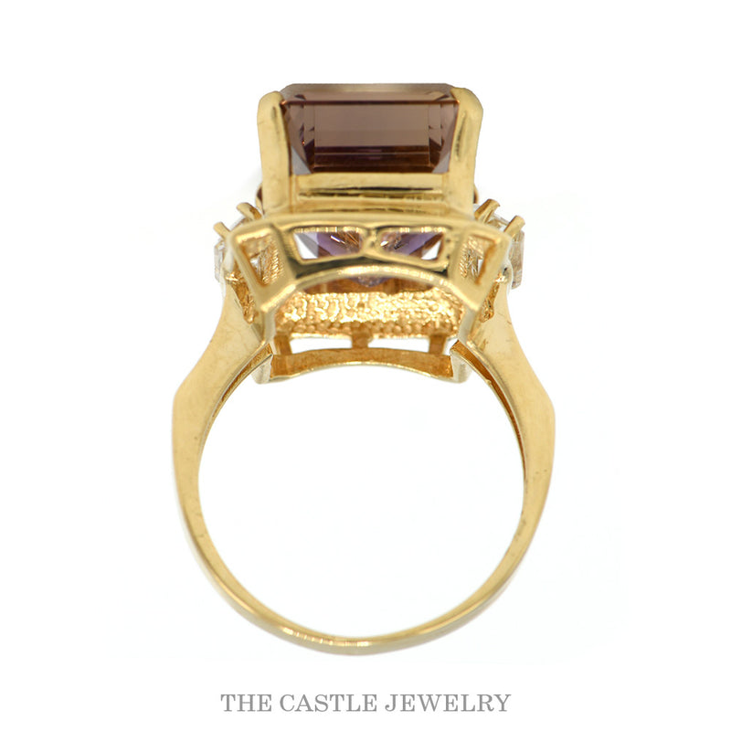 Front-facing view of the emerald cut ametrine ring in 14k yellow gold
