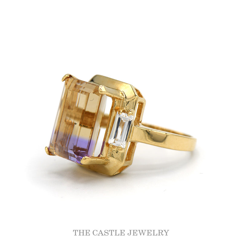 Side profile of the ametrine ring showing the plate and prong-set side stone