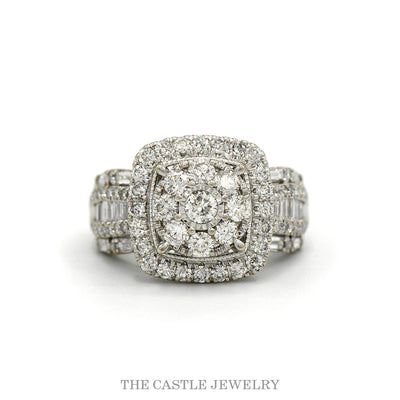 Cushion shaped halo cluster engagement ring, 2cttw, with baguette and round diamond sides in 10k white gold — top view