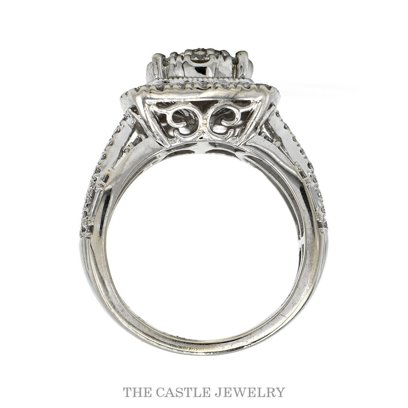 Front-facing view of the cushion shaped halo cluster engagement ring in 10k white gold