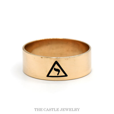 Men's 14th degree Scottish Rite Masonic 8mm band with enamel yod in 10k yellow gold — front view