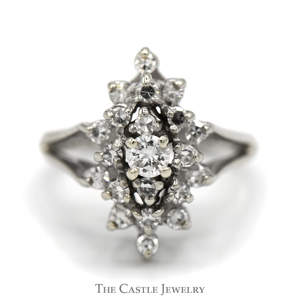 Marquise Shaped 1/2cttw Round Diamond Cluster Ring with Split Shank Sides in 14k White Gold