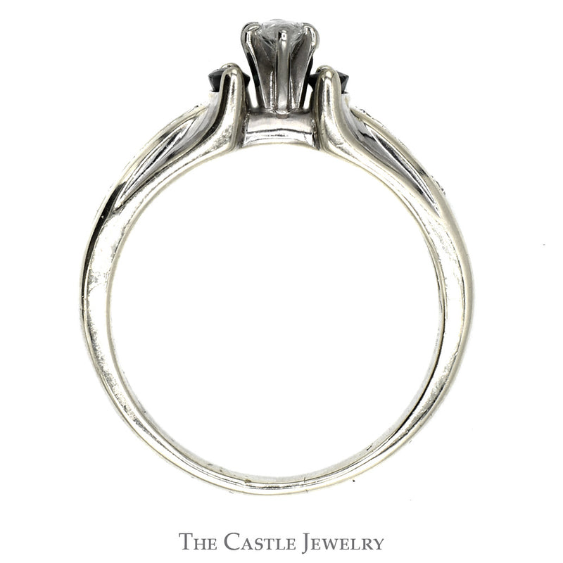 Marquise Cut Diamond & Sapphire Three Stone Engagement Ring with Channel Set Accents in 10k White Gold