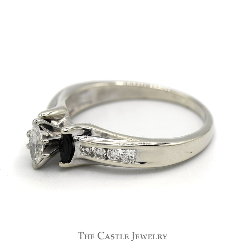 Marquise Cut Diamond & Sapphire Three Stone Engagement Ring with Channel Set Accents in 10k White Gold