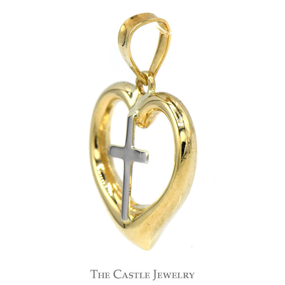 Two Tone Cross inside Heart Pendant in 10k Yellow and White Gold