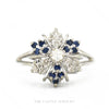 14k white gold vintage sapphire and diamond snowflake cluster ring — top view - Thumbnail 1