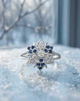 Sapphire and Diamond Vintage Snowflake Cluster Ring in 14k White Gold