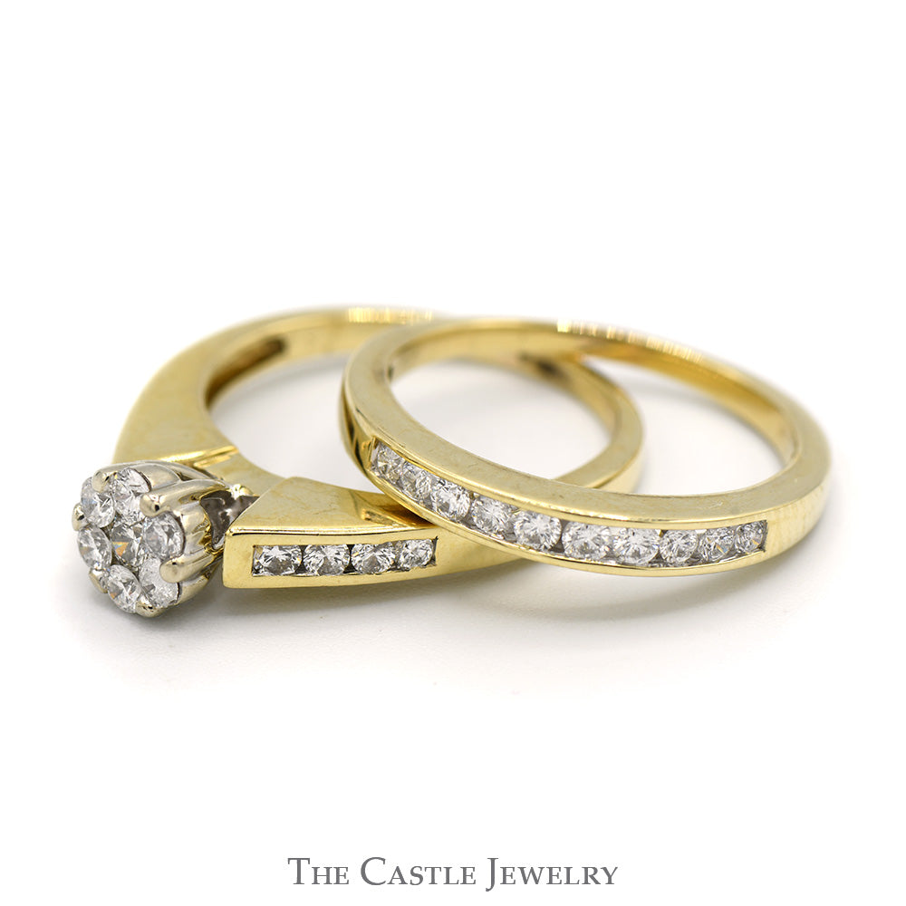 1cttw Diamond Cluster Bridal Set with Channel Set Accents & Matching Band in 10k Yellow Gold