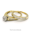 1cttw Diamond Cluster Bridal Set with Channel Set Accents & Matching Band in 10k Yellow Gold - Thumbnail 3