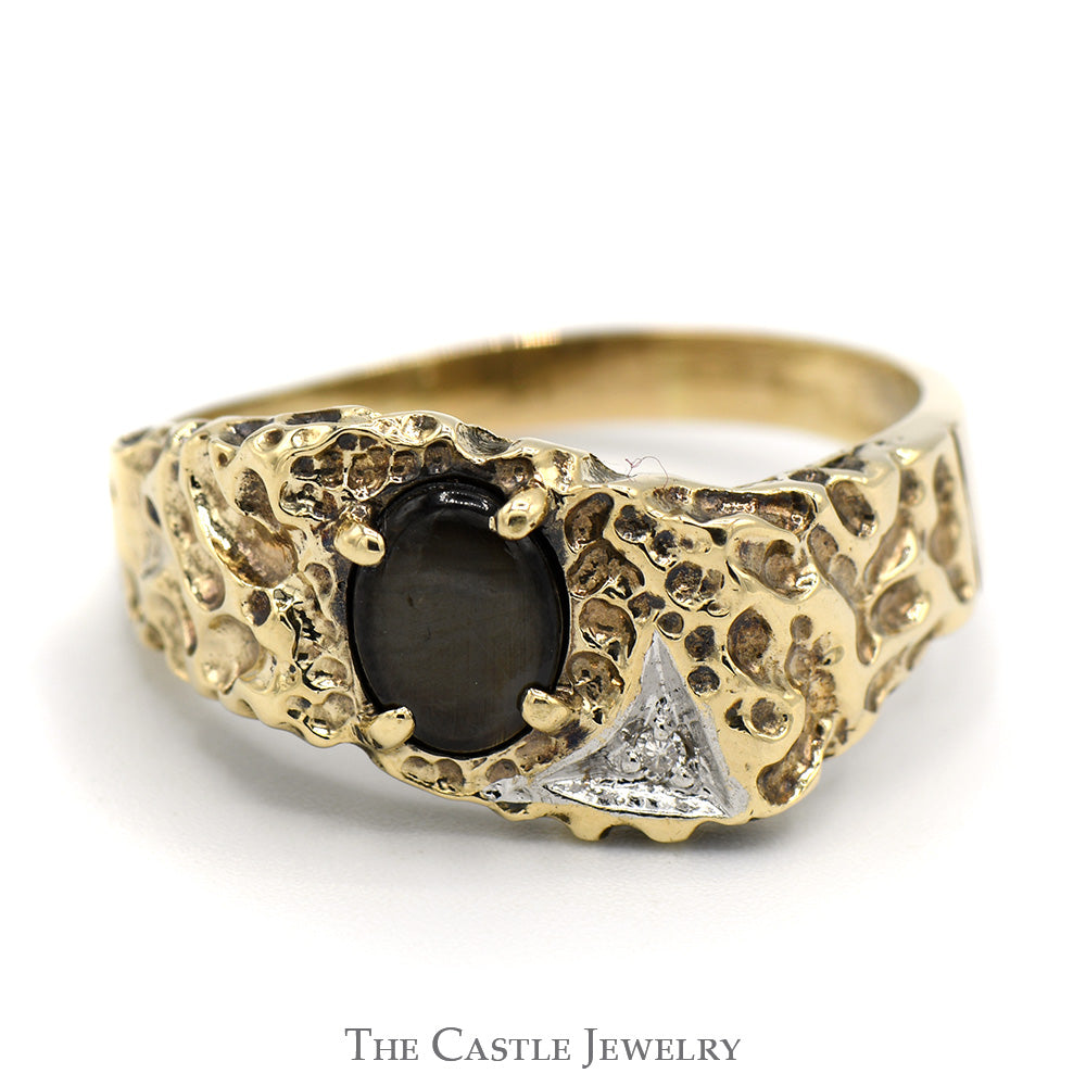 Oval Black Star Stone Ring with Diamond Accent in 10k Yellow Gold Nugg ...