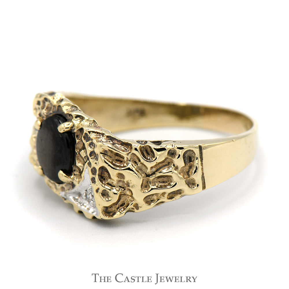 Oval Black Star Stone Ring with Diamond Accent in 10k Yellow Gold Nugget Mounting