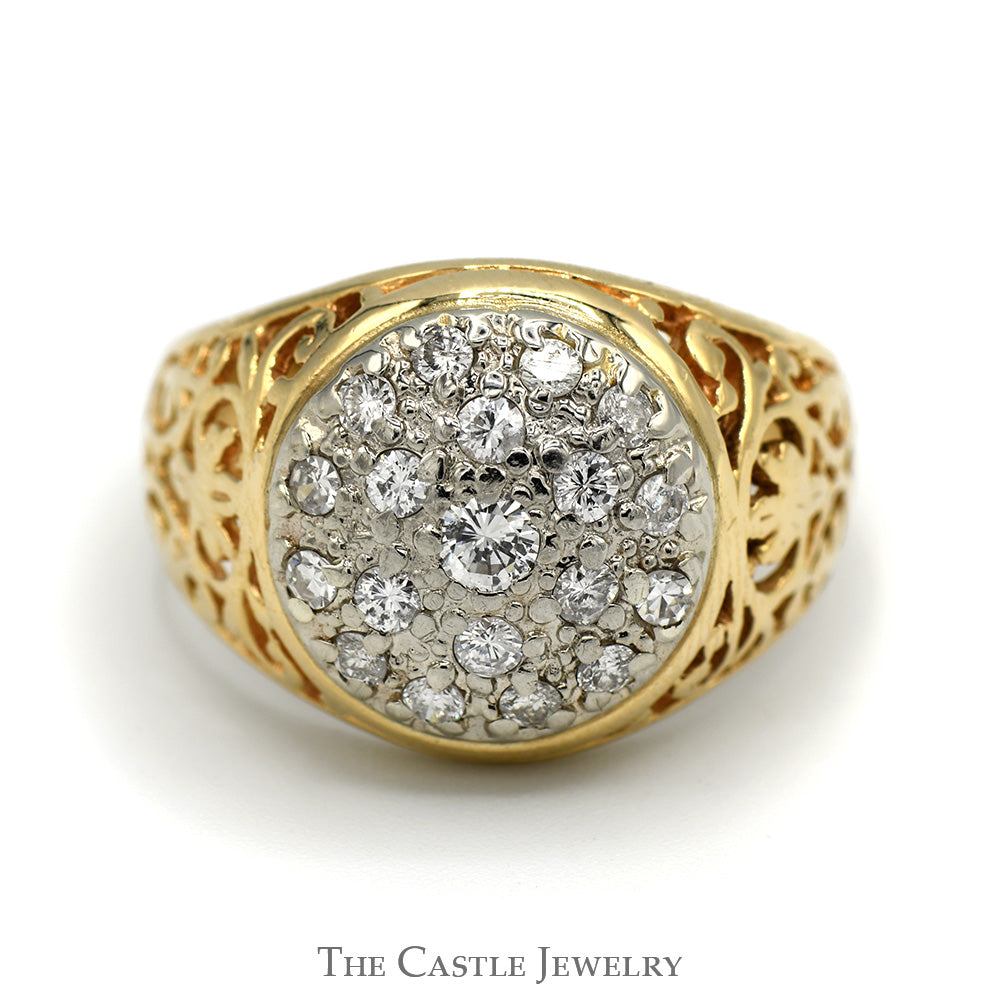 3/4cttw Diamond Kentucky Cluster Ring with Filigree Sides in 14k Gold