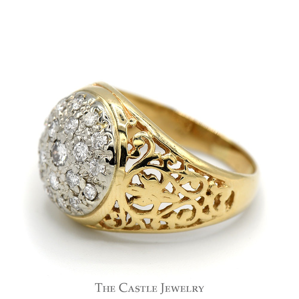3/4cttw Diamond Kentucky Cluster Ring with Filigree Sides in 14k Yellow Gold