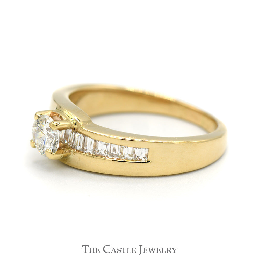 1cttw Round Diamond Solitaire Engagement Ring with Channel Baguette Cut Diamond Accents in 14k Yellow Gold