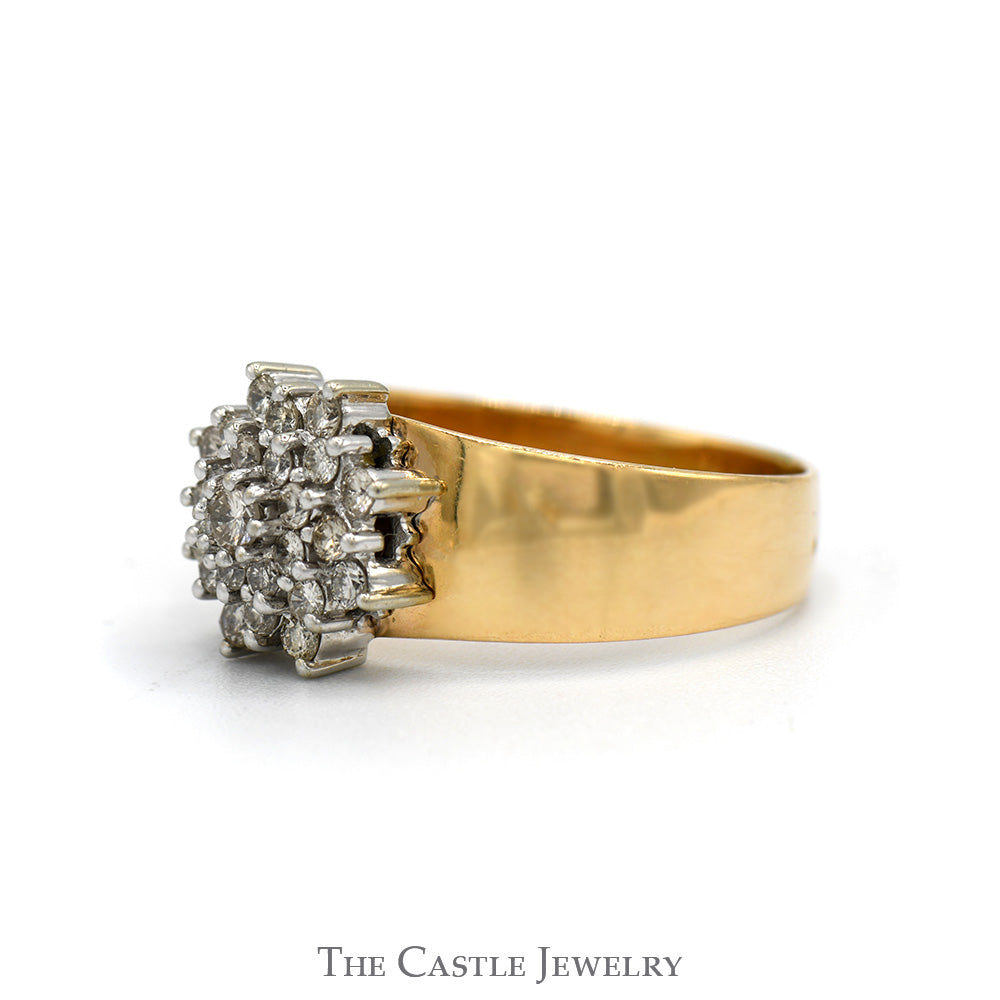 1/3cttw Diamond Snowflake Cluster Ring with Wide Polished Band in 14k Yellow Gold